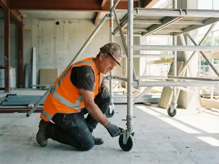 Bouwvakker in oranje veiligheidsvest inspecteert mobiele rolsteiger op betonnen bouwplaats, controleert veiligheidssloten