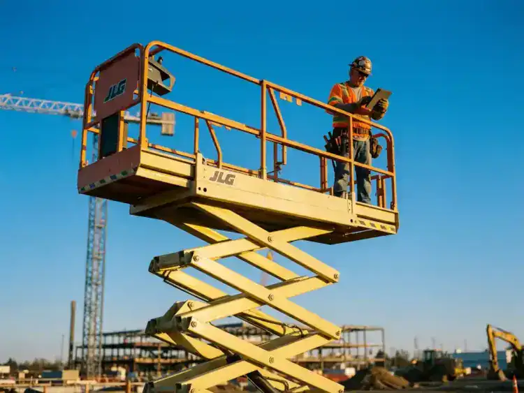 Gele schaarlift op maximale hoogte met bouwvakker in veiligheidsvest op platform, bouwplaats met kranen op achtergrond