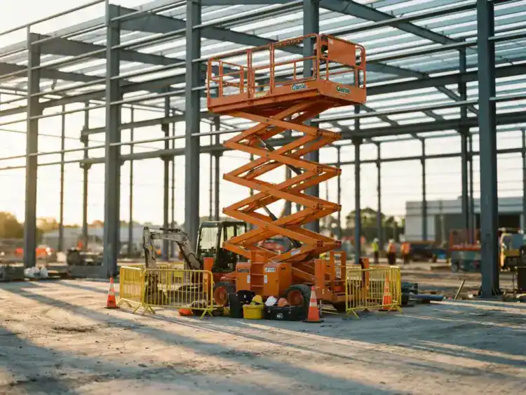 Oranje schaarlift volledig uitgeschoven tot 8 meter hoogte op betonnen bouwplaats met stalen constructie in gouden zonlicht
