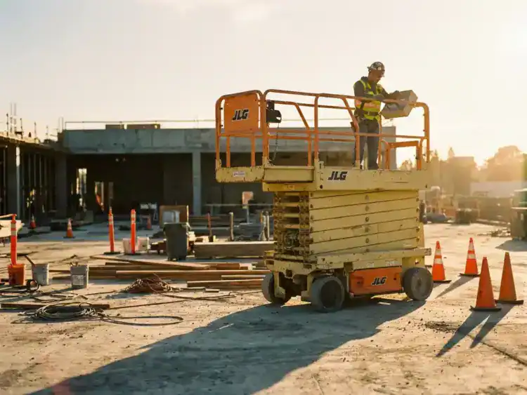 Gele schaarlift met uitgeschoven platform op bouwplaats, bouwvakker in veiligheidskleding bedient de bediening tijdens gouden uur