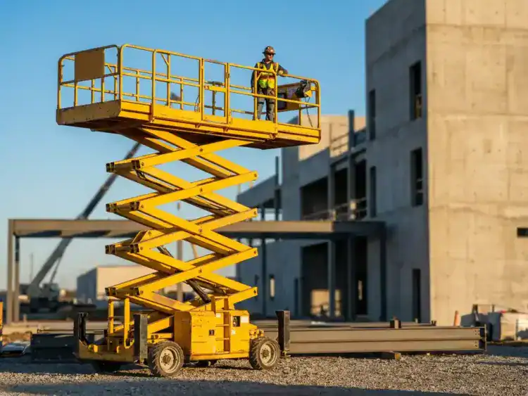 Gele schaarlift op maximale hoogte met bouwvakker op platform, industriële bouwplaats met betonnen gebouwen op achtergrond
