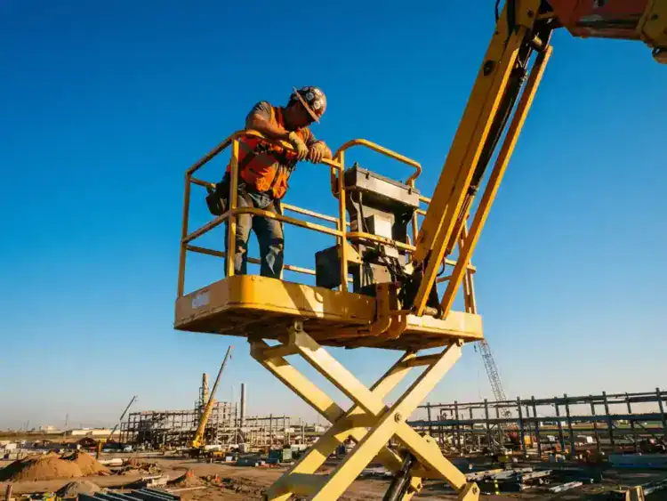 Gele schaarlift hoog uitgeschoven met bouwvakker in oranje veiligheidsvest op platform tegen blauwe hemel