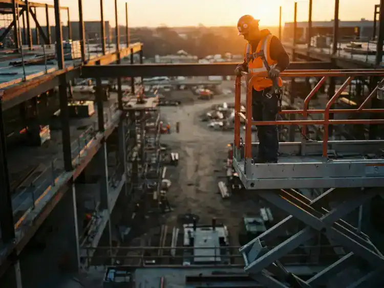 Bouwvakker in oranje veiligheidskleding op hoogwerker kijkt neer op bouwplaats tijdens gouden uur