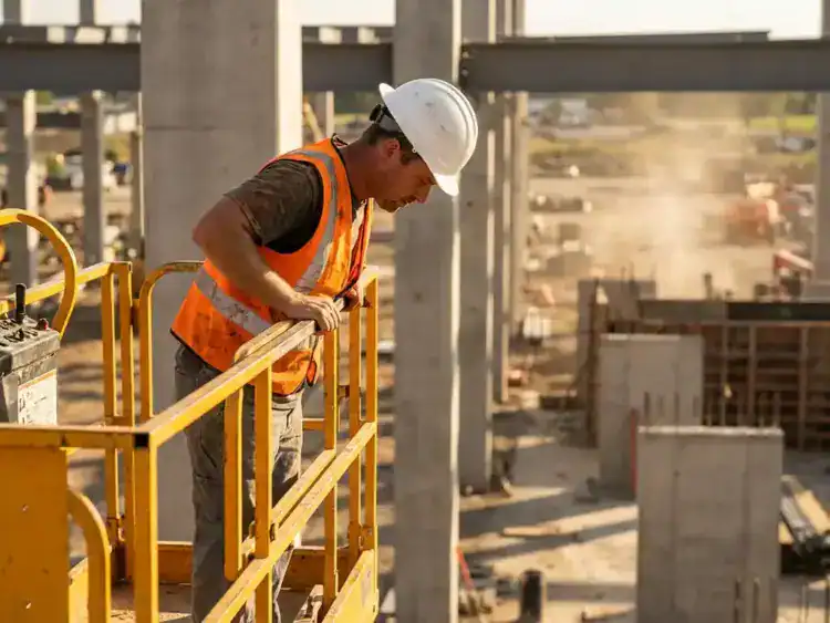 Bouwvakker in oranje veiligheidsvest en witte helm op gele schaarlift kijkt naar beneden op bouwplaats