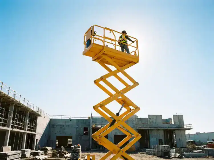 Gele schaarlift met bouwvakker in veiligheidsuitrusting op maximale hoogte tegen blauwe hemel, betonnen gebouwen en steigers beneden