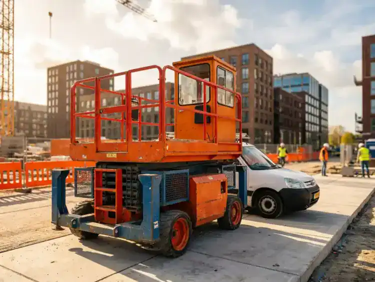 Oranje schaarlift naast witte bestelwagen op betonnen ondergrond bij Nederlandse bouwplaats met moderne gebouwen op achtergrond