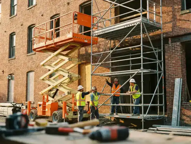 Oranje schaarlift naast stalen steiger op bouwplaats, bouwvakkers vergelijken toegangsmethoden voor bakstenen gebouw