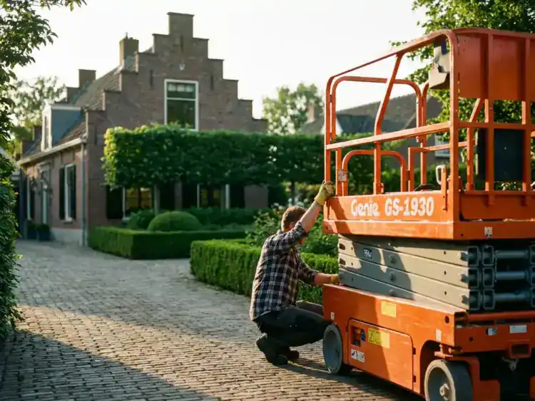 Huiseigenaar inspecteert oranje schaarlift op oprit naast traditioneel Nederlands bakstenen huis in woonwijk