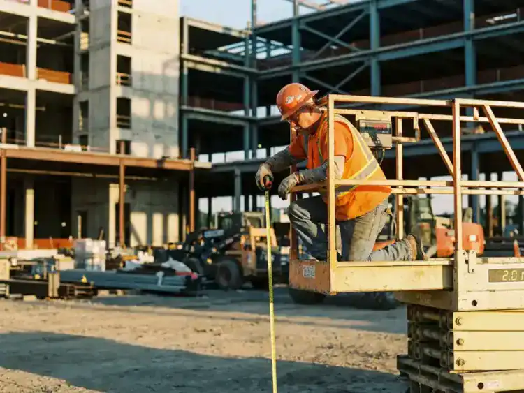 Bouwvakker in oranje veiligheidskleding op gele schaarlift meet hoogte met meetlint op bouwplaats