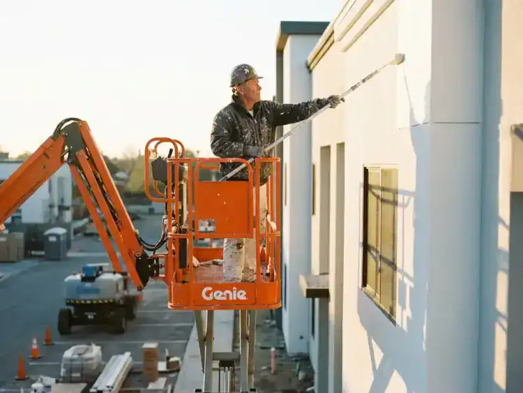 Professionele schilder op oranje schaarlifter schildert bovenmuur van modern gebouw met verfroller tijdens gouden uur