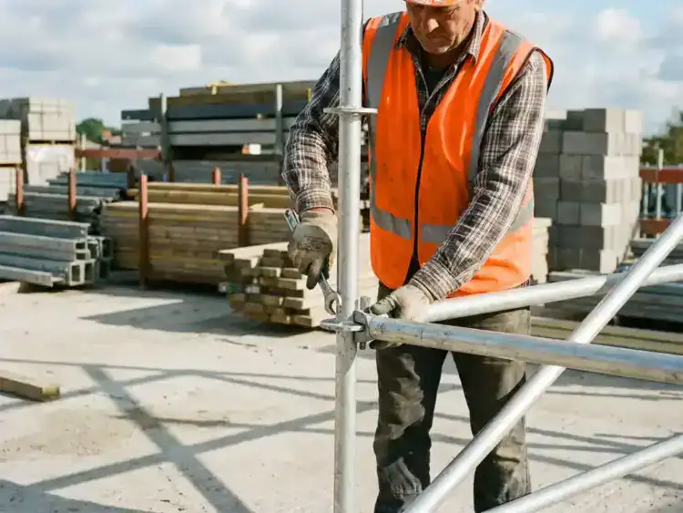 Bouwvakker in oranje veiligheidsvest monteert aluminium steigerbuizen op betonnen bouwplaats