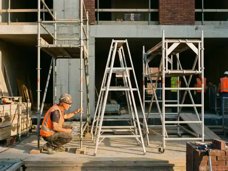Bouwvakker in veiligheidsvest vergelijkt drie verschillende steigerconstructies op Nederlandse bouwplaats in warme middagzon