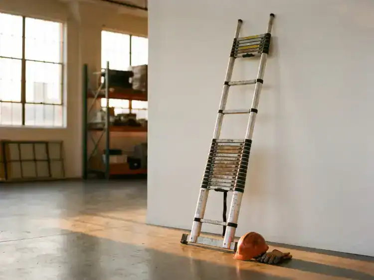 Professionele telescopische ladder tegen witte magazijnmuur met veiligheidshelm en werkhandschoenen aan de basis