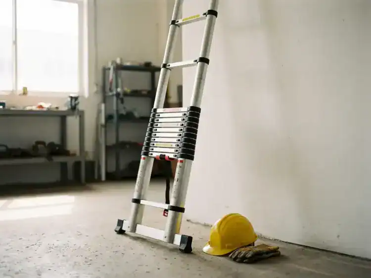 Professionele telescopische ladder volledig uitgeschoven tegen witte werkplaatsmuur met gele helm en handschoenen op betonnen vloer