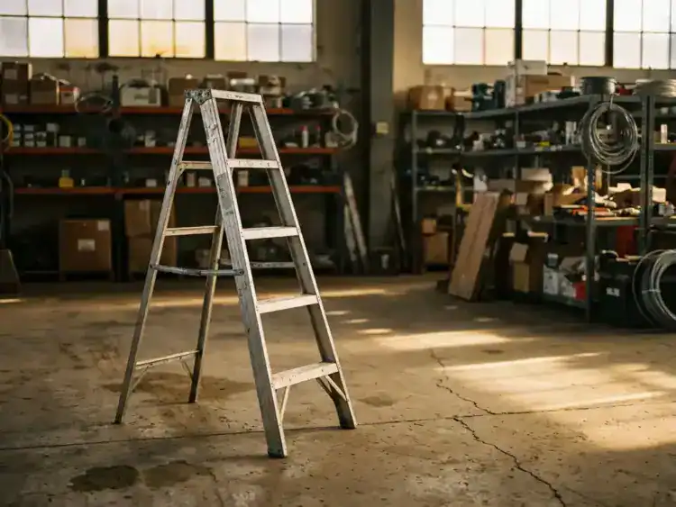 Aluminium trapladder op betonnen vloer in professionele bouwmaterialen magazijn met industriële stellingen