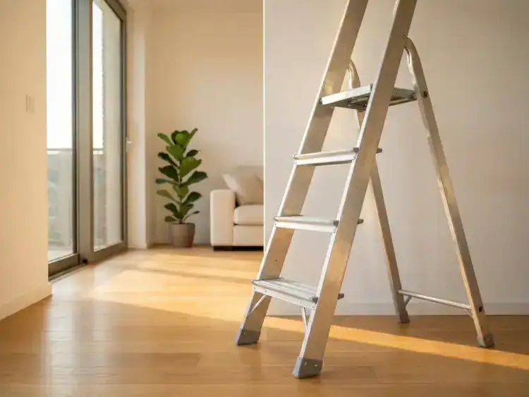 Aluminium trapladder in moderne Nederlandse woonkamer met zonlicht door grote ramen op hardhouten vloer