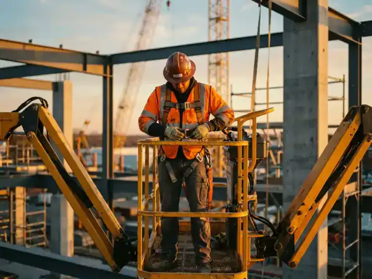 Bouwvakker in oranje veiligheidskleding past valbeveiliging aan op gele hoogwerker op industriële bouwplaats
