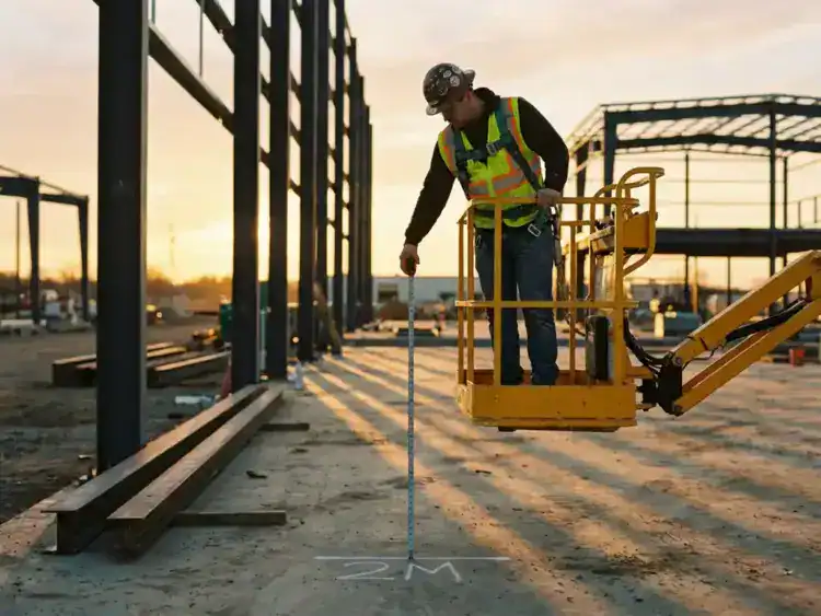 Bouwvakker op gele hoogwerker op twee meter hoogte met meetlint naar betonnen grond, veiligheidsharnas zichtbaar