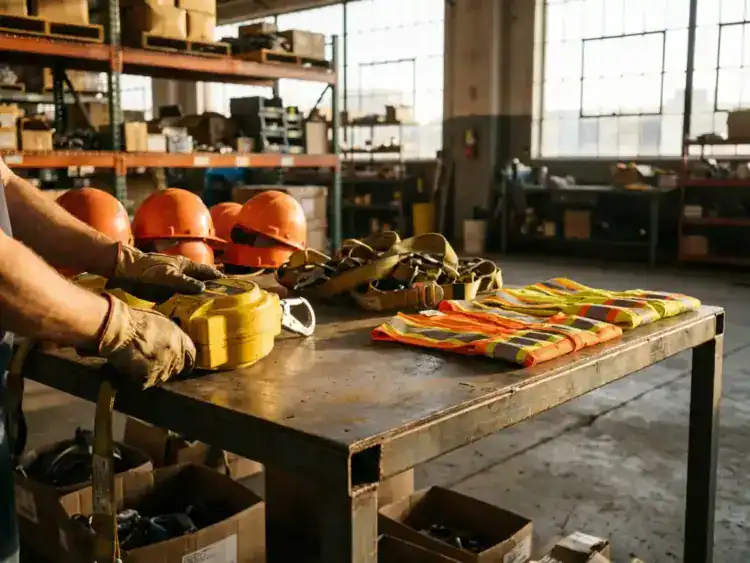 Bouwvakker past gele veiligheidsuitrusting aan op stalen werkbank omringd door oranje helmen en reflecterende vesten