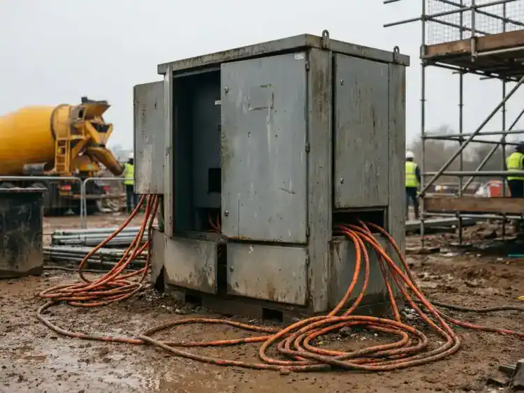 Elektrische verdeelkast op modderige bouwplaats met oranje stroomkabels, betonmixer en steigers op de achtergrond.