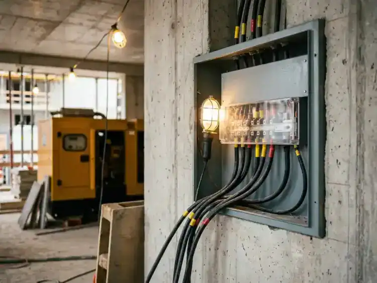 Stalen elektrische verdeelinrichting op ruwe betonnen muur, zware kabels aangesloten op terminals, gele generator op de achtergrond.