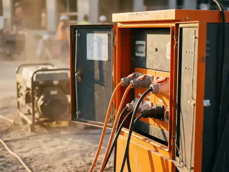 Open stroomverdeelkast op bouwplaats met oranje en zwarte industriële kabels in stopcontacten, verlicht door warm middaglicht.