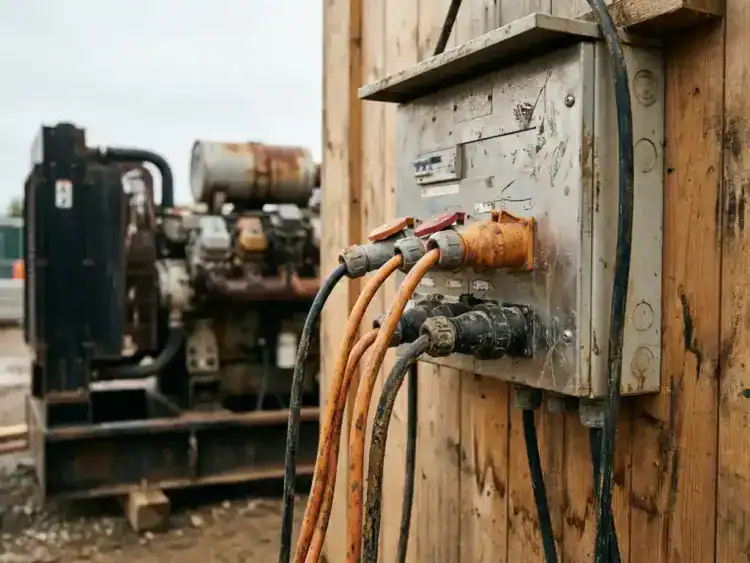 Zwaar elektrisch verdeelbord met oranje en zwarte kabels op een verweerd houten bouwplaatspaneel, dieselgenerator op de achtergrond.