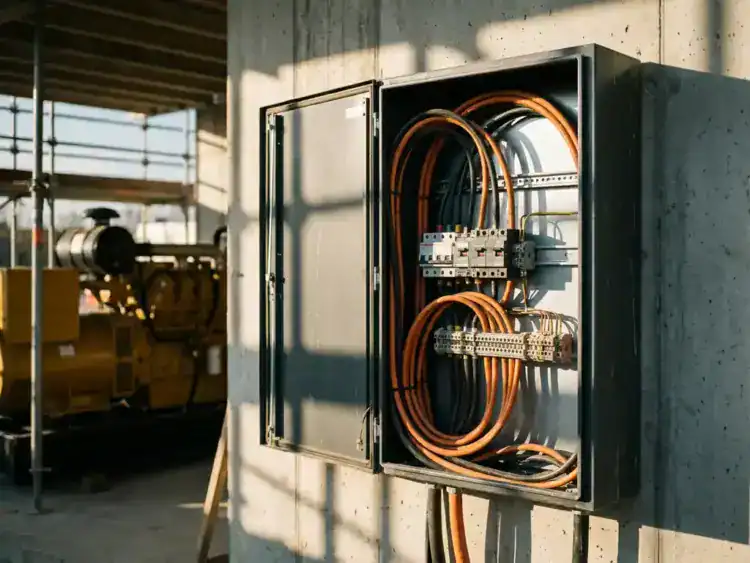 Elektrische verdeelkast op bouwplaats met oranje en zwarte voedingskabels aangesloten op terminalrijen, gele generator op achtergrond.