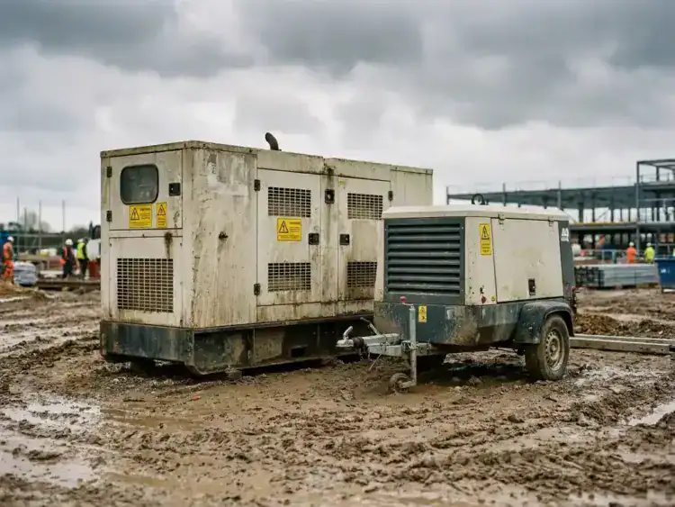 Zware dieselgenerator naast een compacte draagbare aggregaat op een modderige bouwplaats, met gele waarschuwingspanelen en ventilatieroosters.