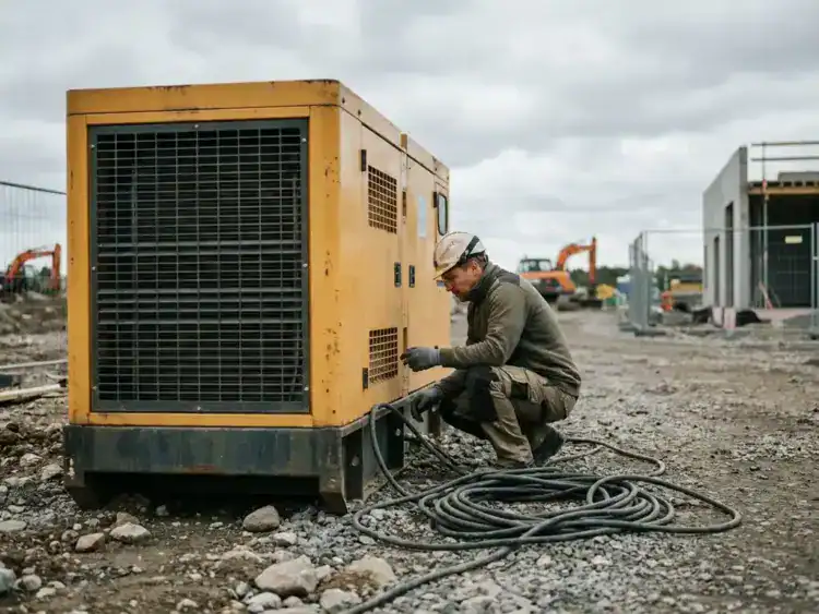 Aannemer inspecteert gele dieselgenerator op bouwplaats, met dikke stroomkabels op grindbodem onder bewolkte lucht.