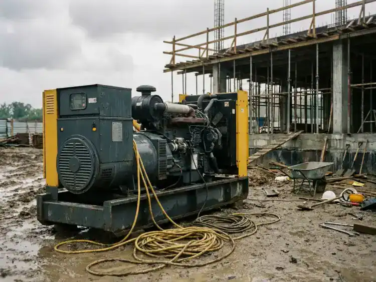 Dieselgenerator op modderige bouwplaats met gele kabels, betonnen constructie op de achtergrond en gereedschap van bouwvakkers.