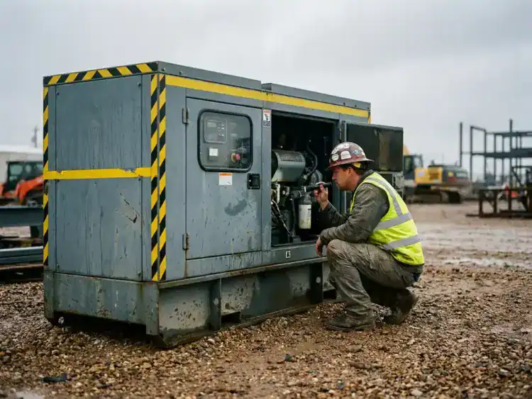 Aannemer inspecteert bedieningspaneel en brandstofmeter van zware dieselgenerator op bouwterrein met grind.