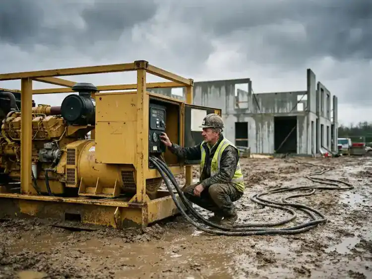 Dieselgenerator op bouwplaats met modderige ondergrond, contractor inspecteert controlepaneel naast geel aggregaat met dikke kabels.