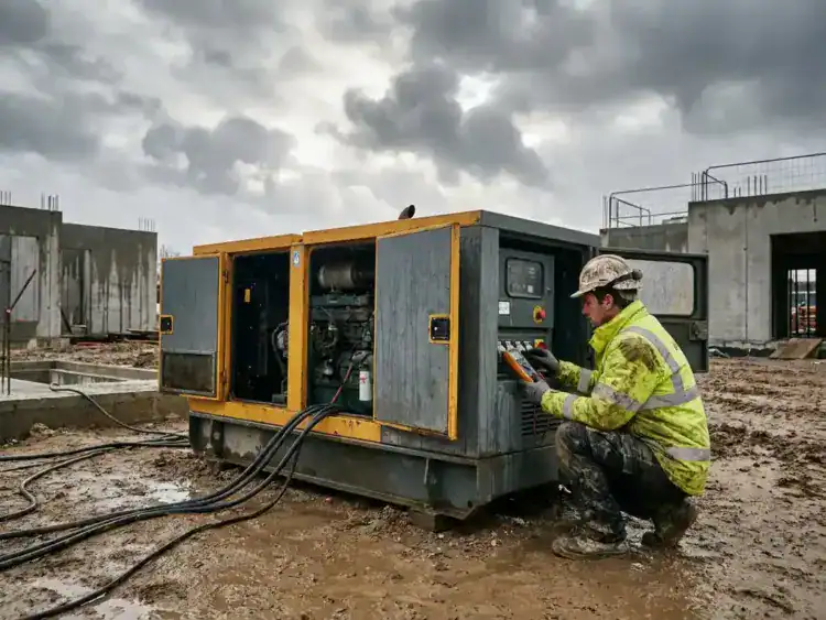Aannemer inspecteert dieselgenerator op modderige bouwplaats met betonnen muren op de achtergrond.