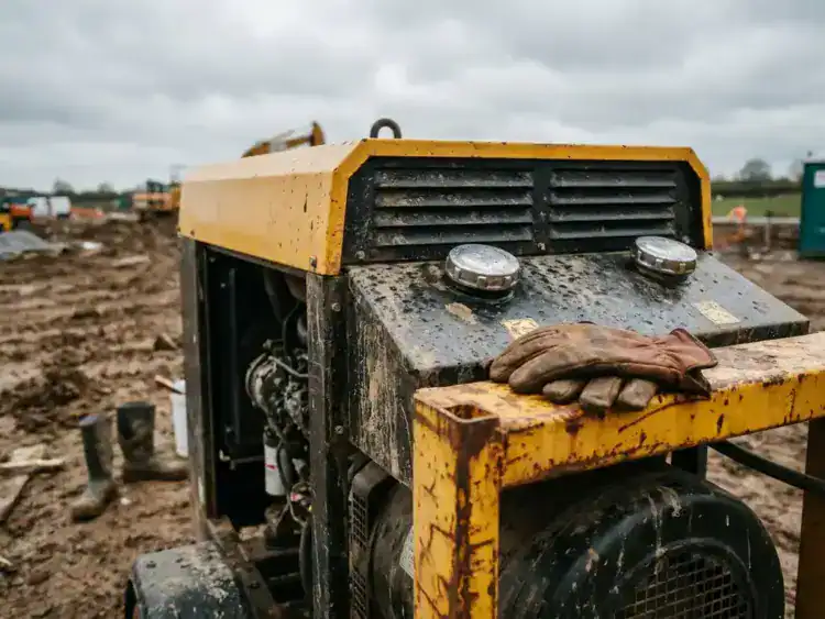 Dieselgenerator op modderige bouwplaats met versleten werkhandschoen op geel behuizing, bewolkte lucht op de achtergrond.