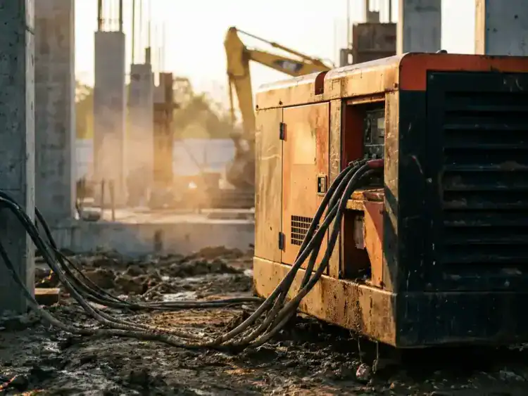 Dieselgenerator op modderige bouwplaats met dikke stroomkabels, betonnen constructies en gele graafmachine op de achtergrond.