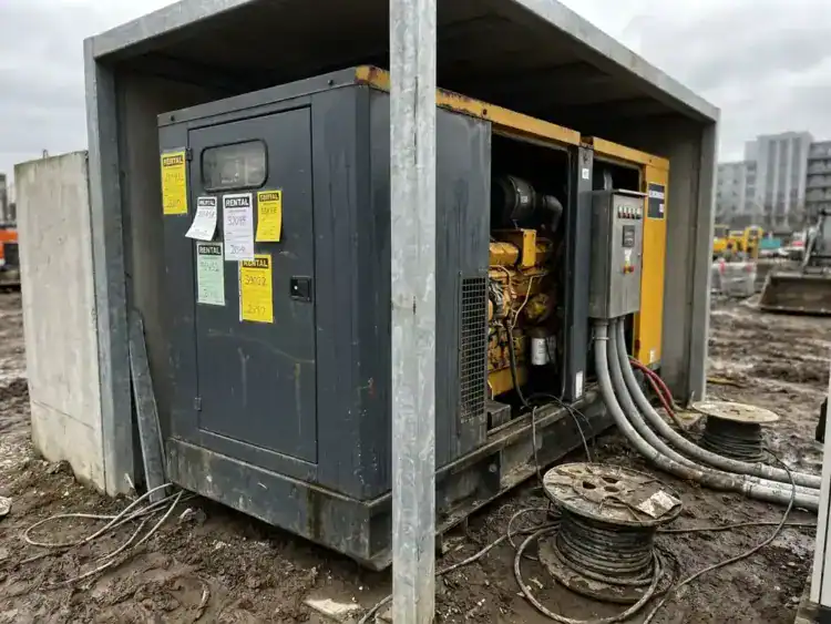 Dieselgenerator op bouwplaats omgeven door kabelrollen en modderige grond, met huurlabels en permanente stroomaansluiting.