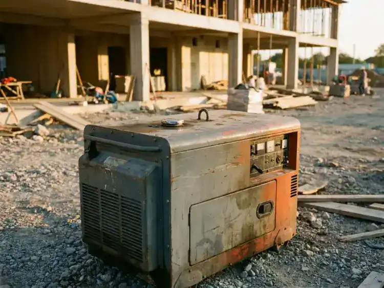 Zwaar dieselaggregaat op bouwplaats met zichtbaar bedieningspaneel, geplaatst tegen onafgebouwd betonnen gebouw in middagzon.