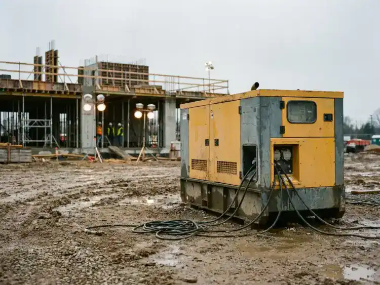 Dieselgenerator op modderige bouwplaats met dikke zwarte kabels, halfgebouwd betonnen gebouw op de achtergrond, werklichten aan.
