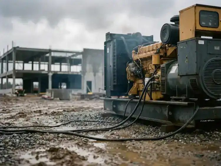 Dieselgenerator op modderige bouwplaats met dikke kabels over nat grind, half gebouwd betonnen gebouw op de achtergrond.
