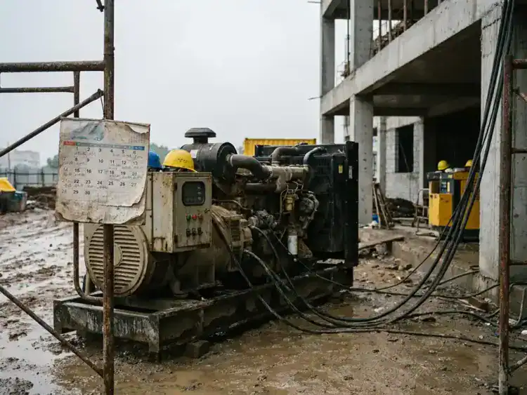 Dieselgenerator op modderige bouwplaats met stroomkabels naar half gebouwde betonstructuur en projectkalender aan steiger.