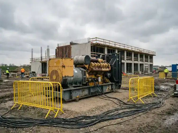 Industriële dieselgenerator op actieve bouwplaats, omgeven door gele veiligheidsbarrières en dikke stroomkabels op grindondergrond.