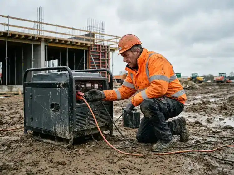 Bouwvakker inspecteert controlepaneel van zware draagbare generator op modderige bouwplaats, stroomkabels op de grond.
