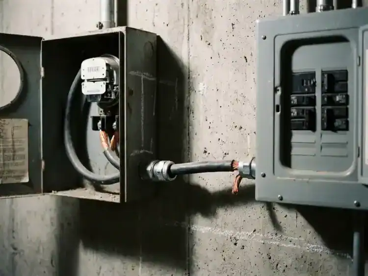 Dikke elektrische kabel tussen open meterkast en grijs verdeelpaneel op betonnen muur, koperen aderuiteinden zichtbaar.