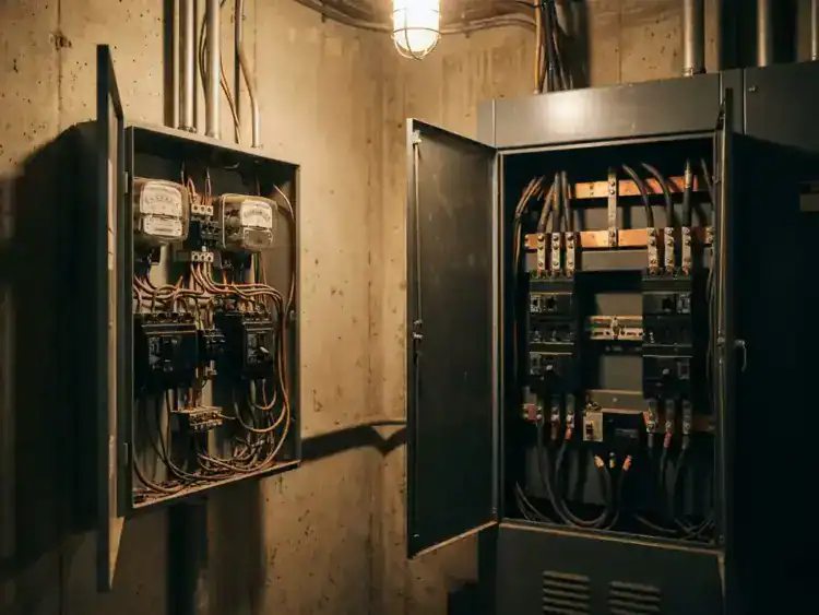 Open elektriciteitskast op betonnen muur naast industrieel verdeelpaneel, met zichtbare koperen bedrading en stroomonderbrekers in schemerig technische ruimte.
