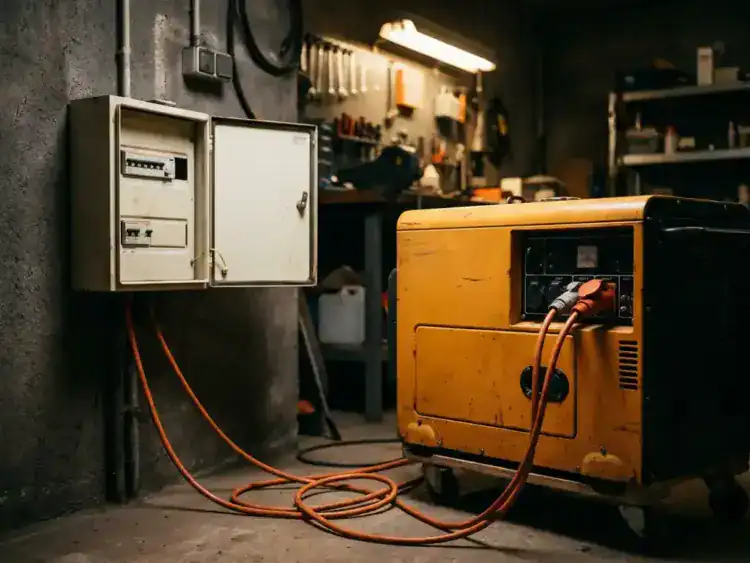 Gele draagbare generator verbonden via oranje kabels met een open zekeringkast op betonnen muur.