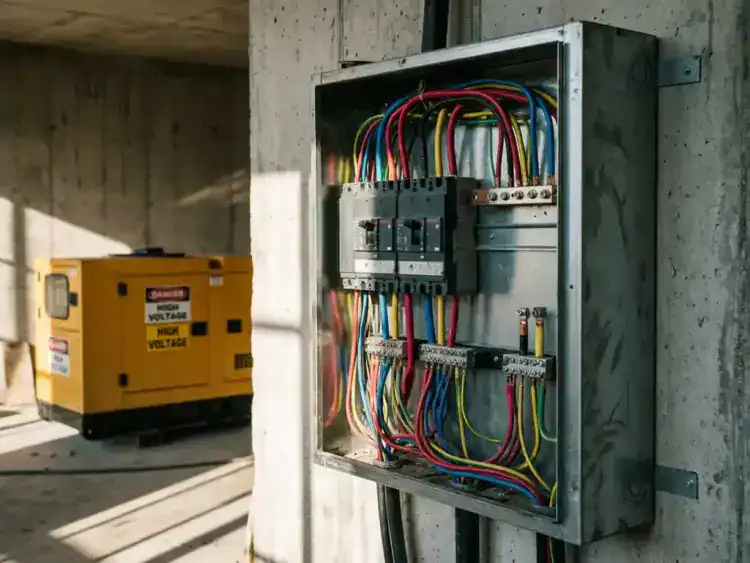 Open industrieel schakelkast met kleurgecodeerde bedrading en zwaardere stroomonderbrekers op een bouwplaats, gele generator op achtergrond.