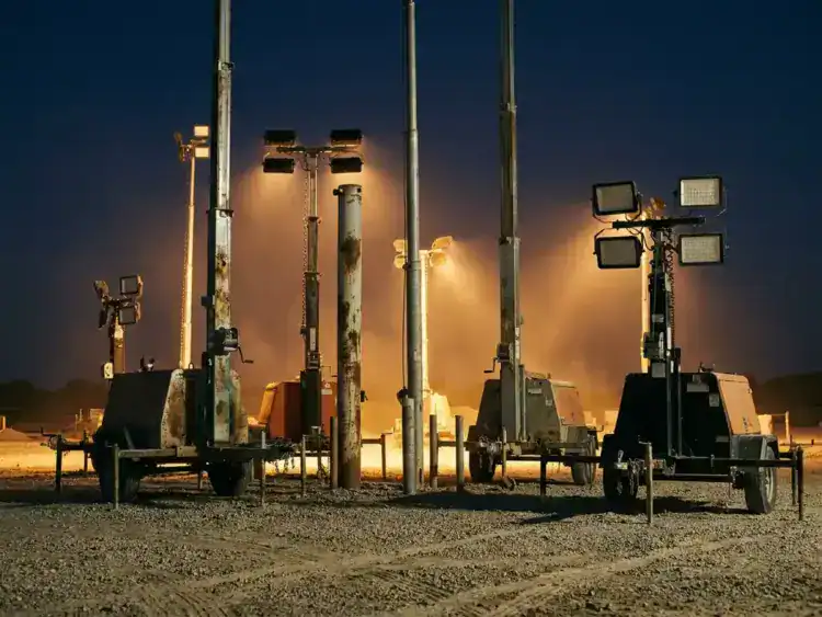 Telescopische en aanhangermontage lichtmasten op een bouwplaats bij schemering, verlicht door warm amber schijnwerpers tegen een diepblauwe lucht.