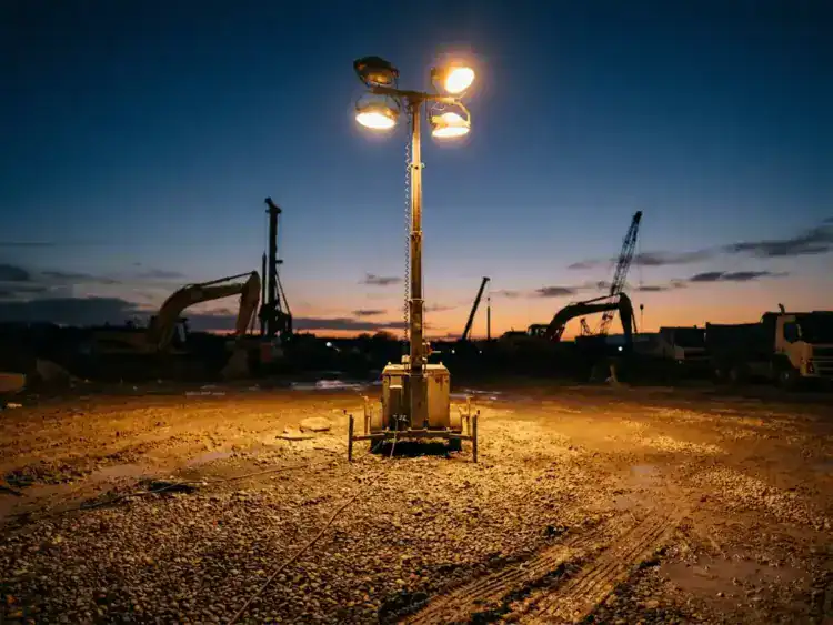Industriële lichtmast op bouwplaats bij schemering, met krachtige schijnwerpers die warm amberkleurig licht werpen over grindterrein en zwaar materieel.