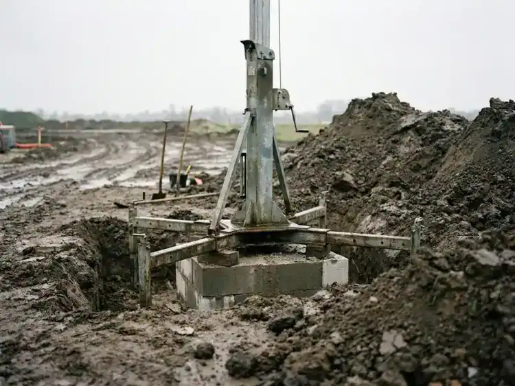 Draagbare lichtmast gedeeltelijk opgegraven naast een bouwsleuf, met zichtbaar betonnen fundament en stalen voet in donkere aarde.